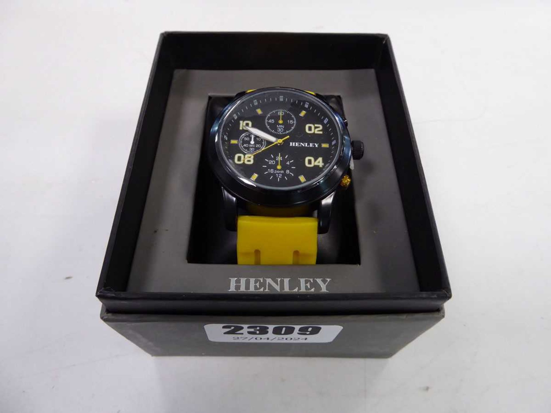 Henley men's sub-dial wristwatch with black face and yellow strap