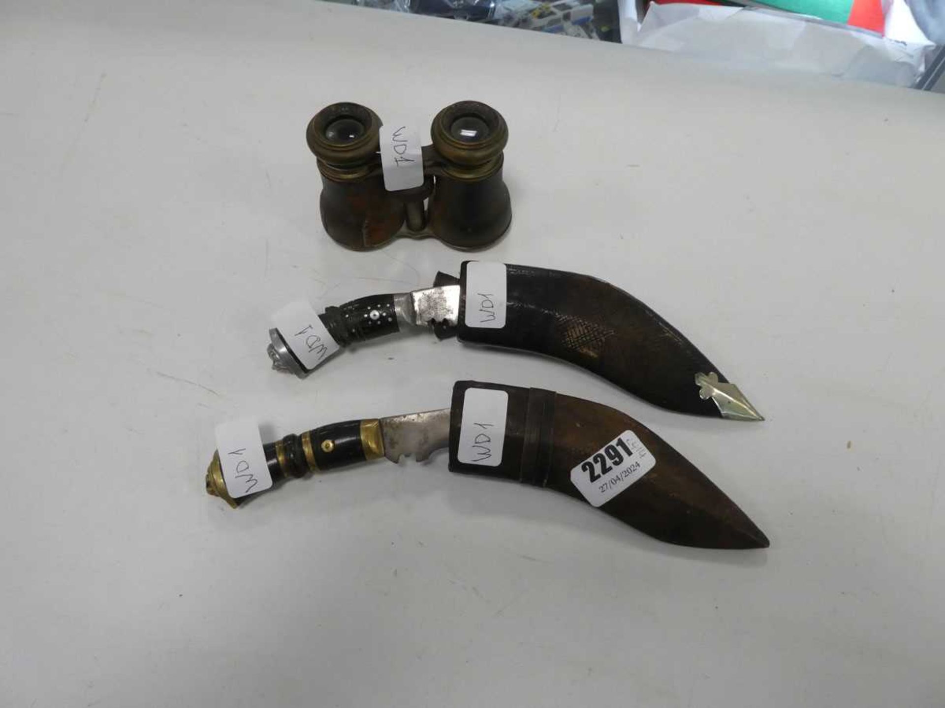 2 Gurkha kukris in sheaths with 2 smaller kakola knives, plus a antique brass binoculars