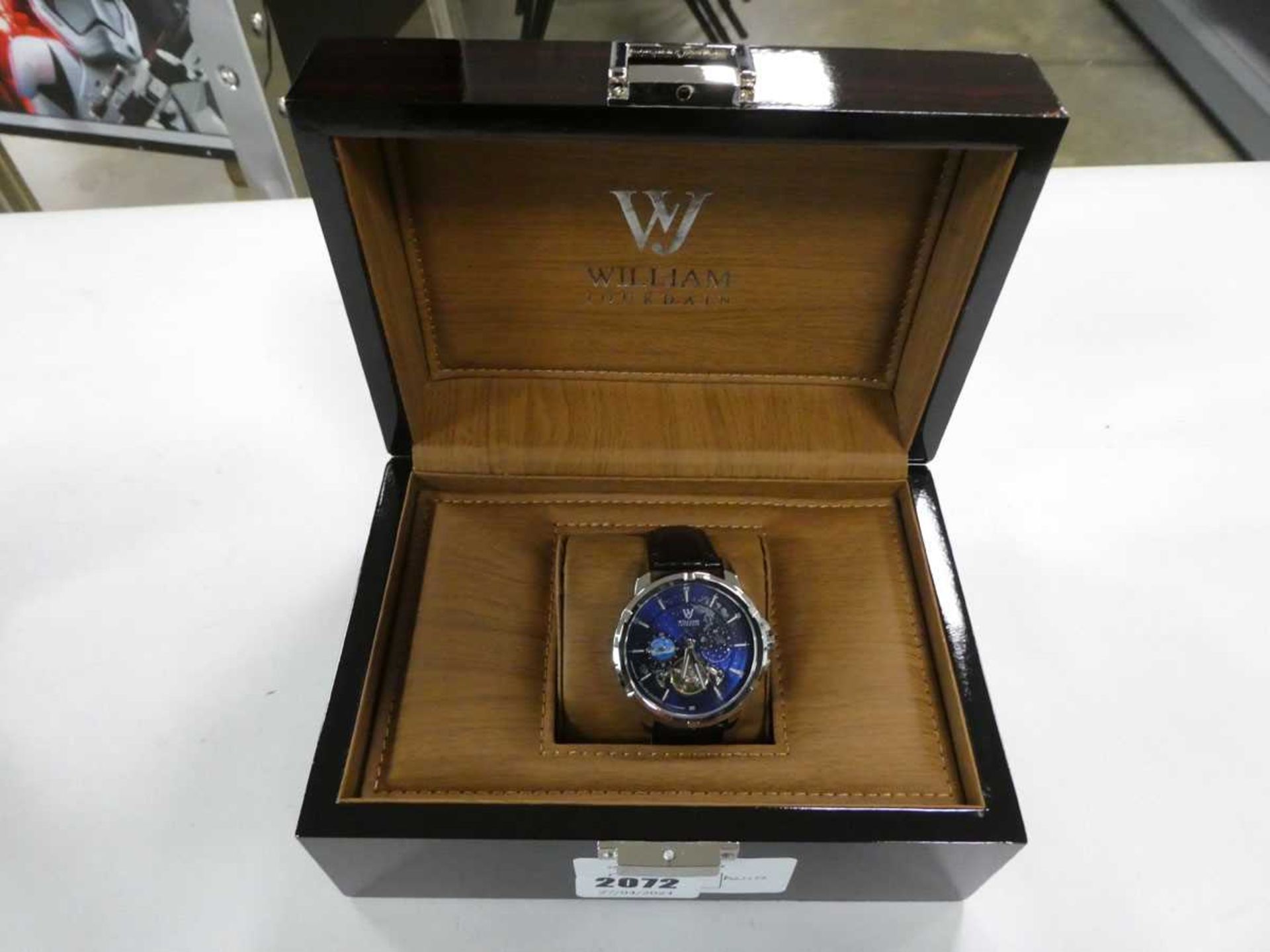 +VAT Boxed William Jourdain men's automatic wristwatch with blue face, moon-phase and black