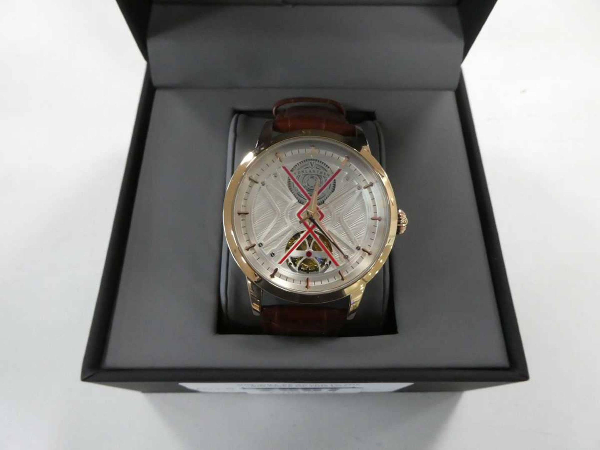 +VAT Boxed Vonlanthen men's automatic wristwatch with white dial and brown leather strap - Image 2 of 2