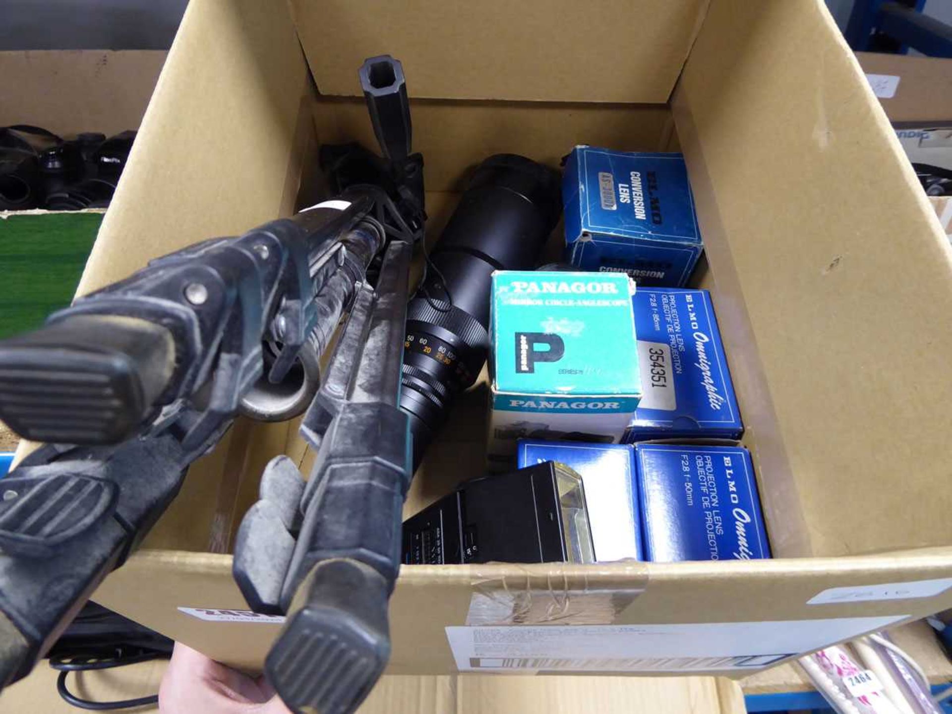 Box of various camera accessories, tripods, lenses etc