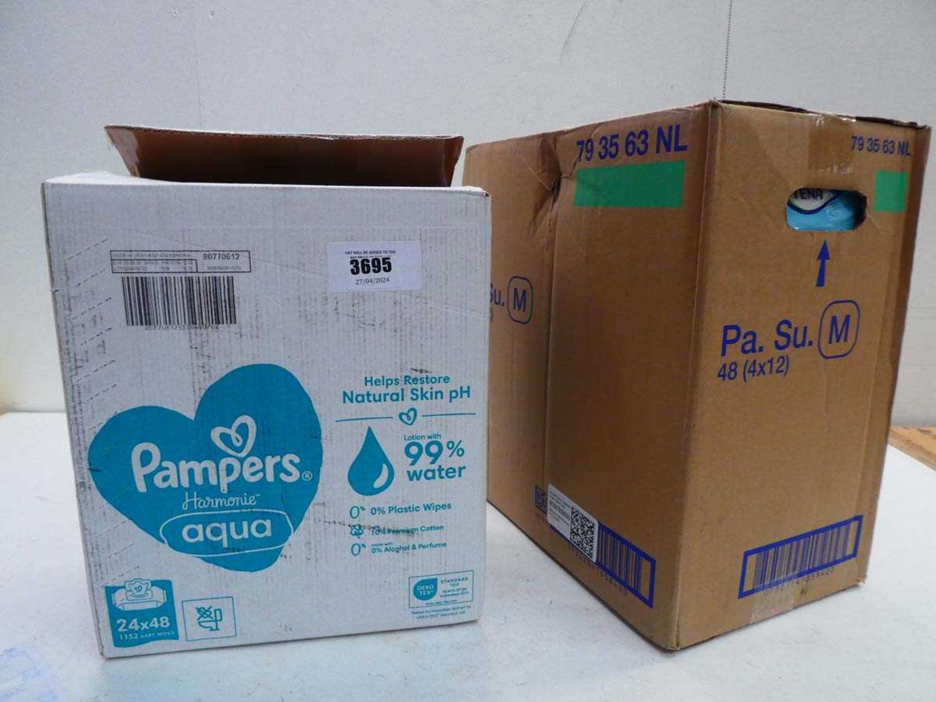 +VAT Large box of Pampers aqua wipes plus a box of Tena pants