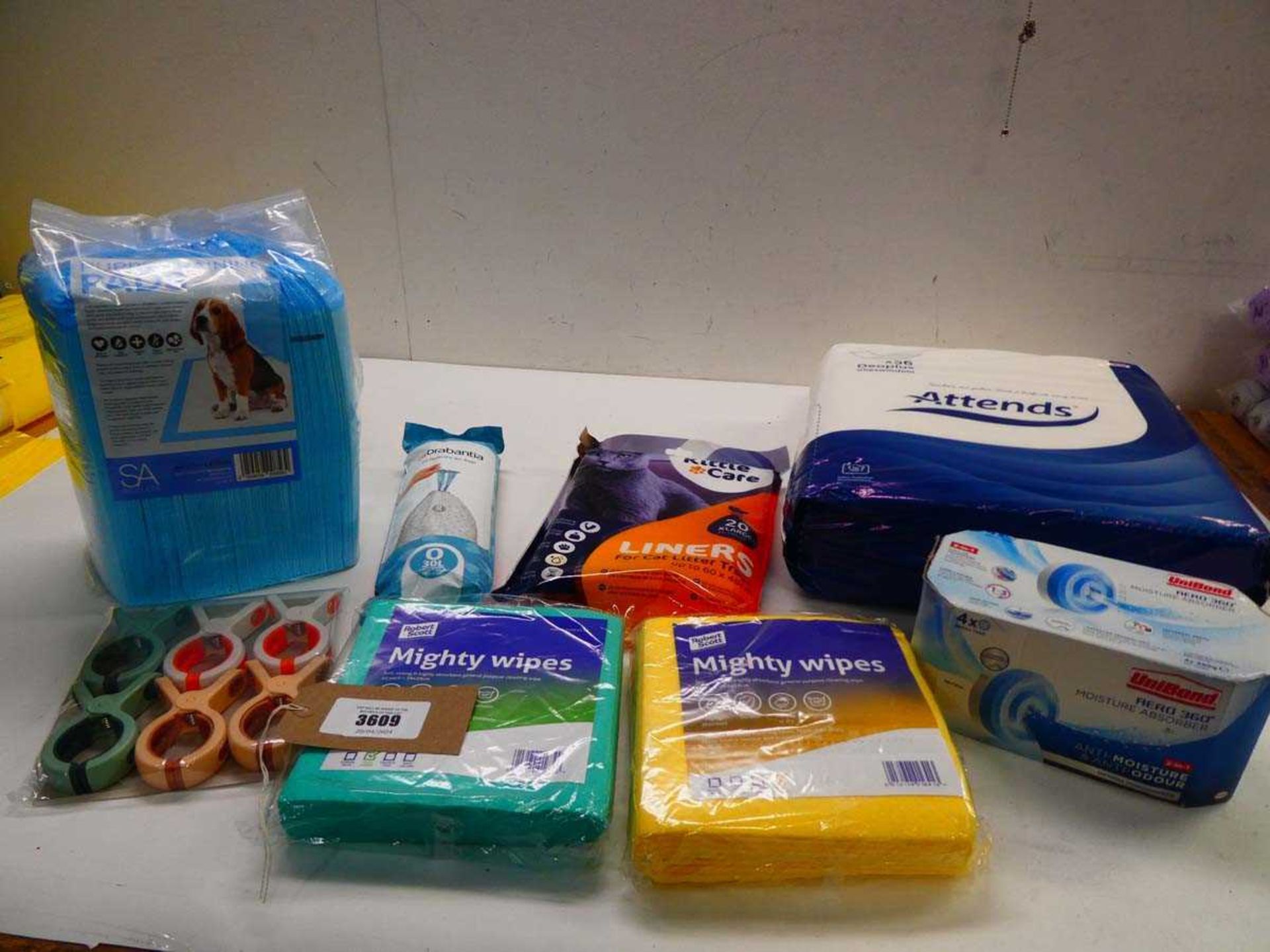+VAT Unibond absorbers, puppy pads, mighty wipes, pegs, bin bag, attends and kitty liners