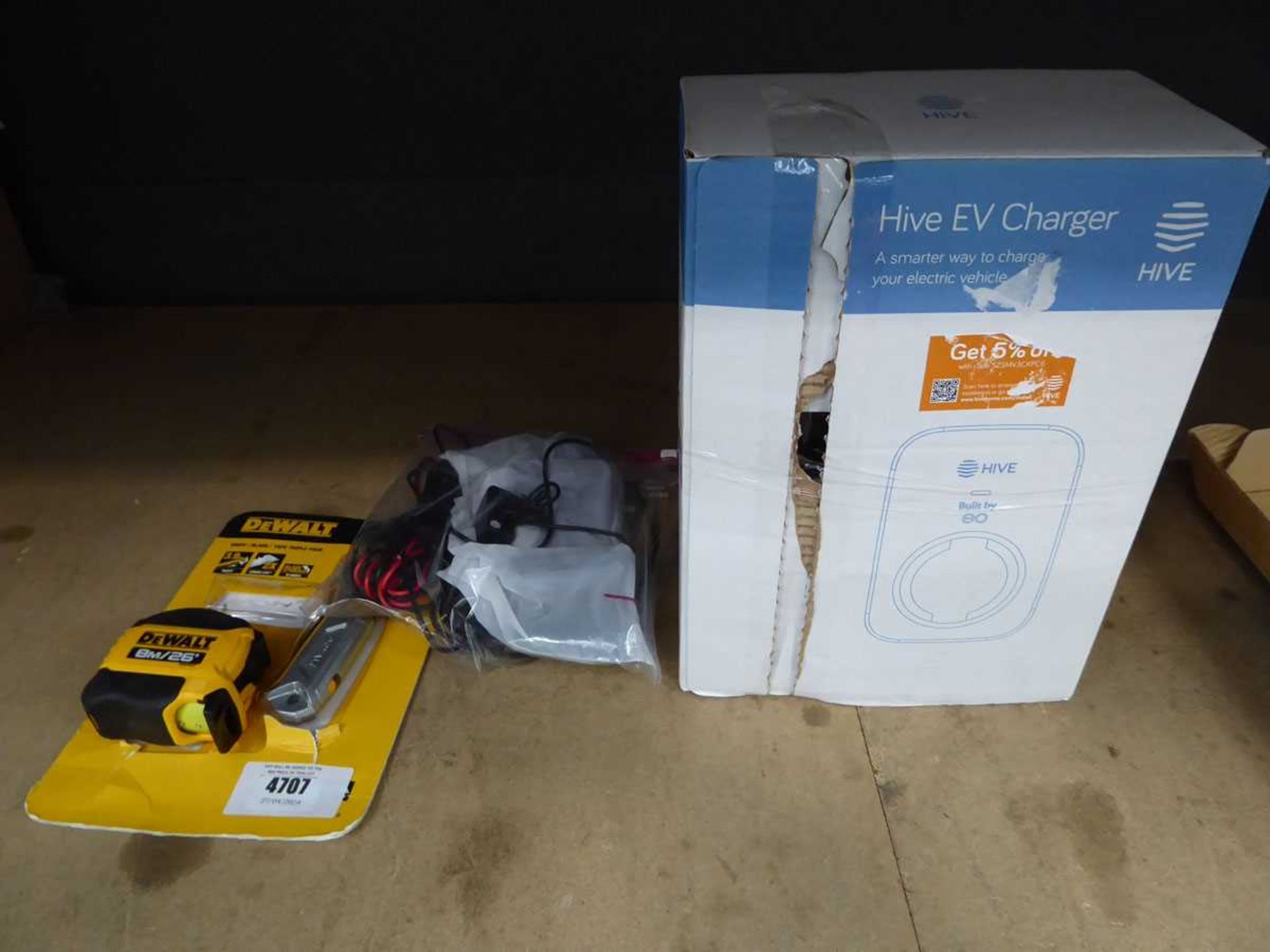 +VAT Dewalt knife and tape measure set, Hive EV charger and a Road Angel camera