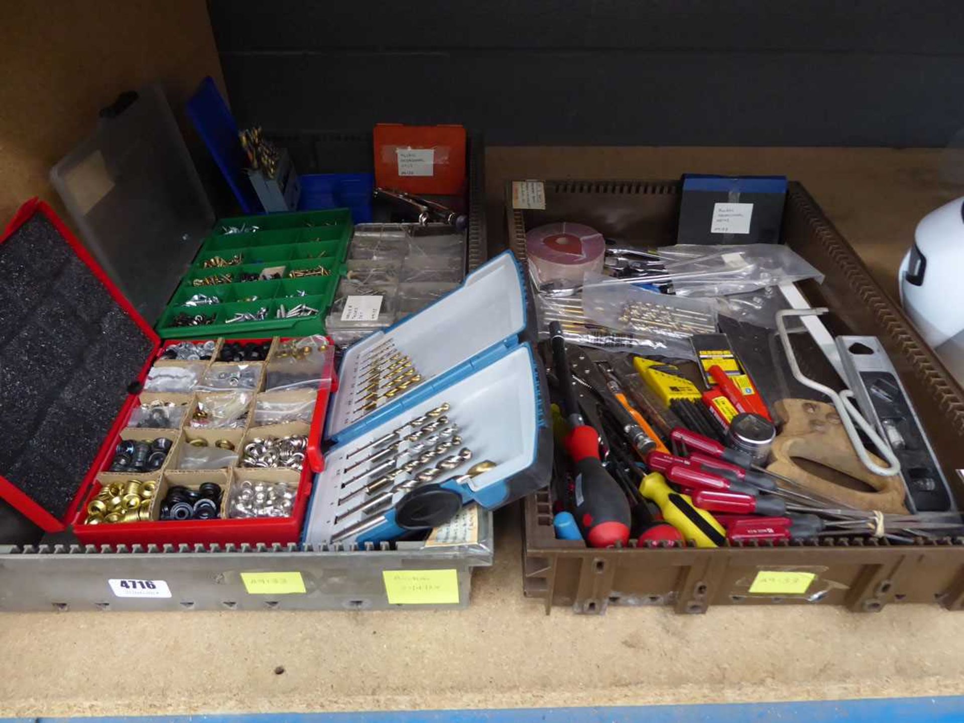 2 boxes of assorted items inc. drill bits, files, screws, washers, saws, allen keys etc