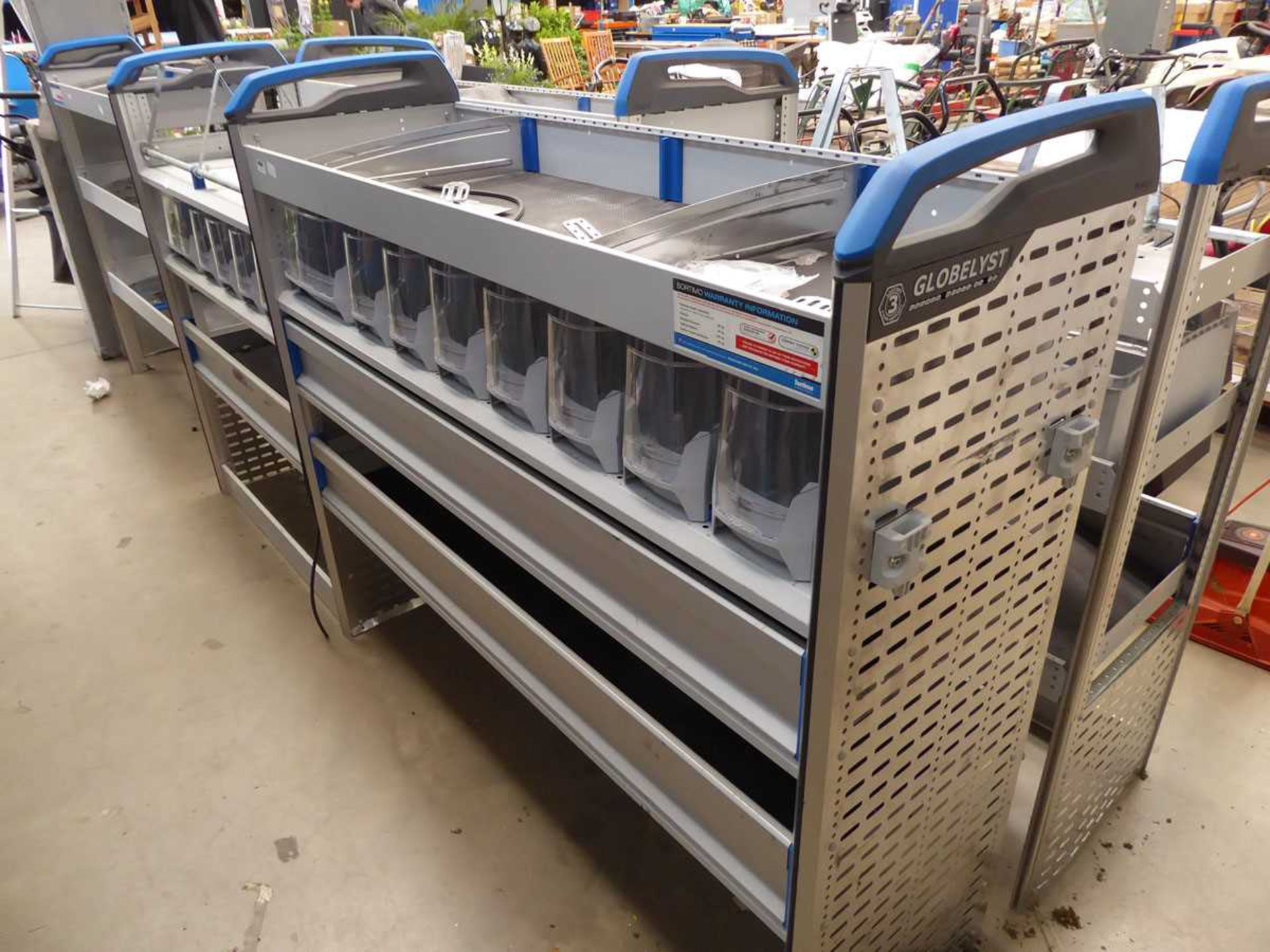 Double section blue and grey van rack with pull-out drawers