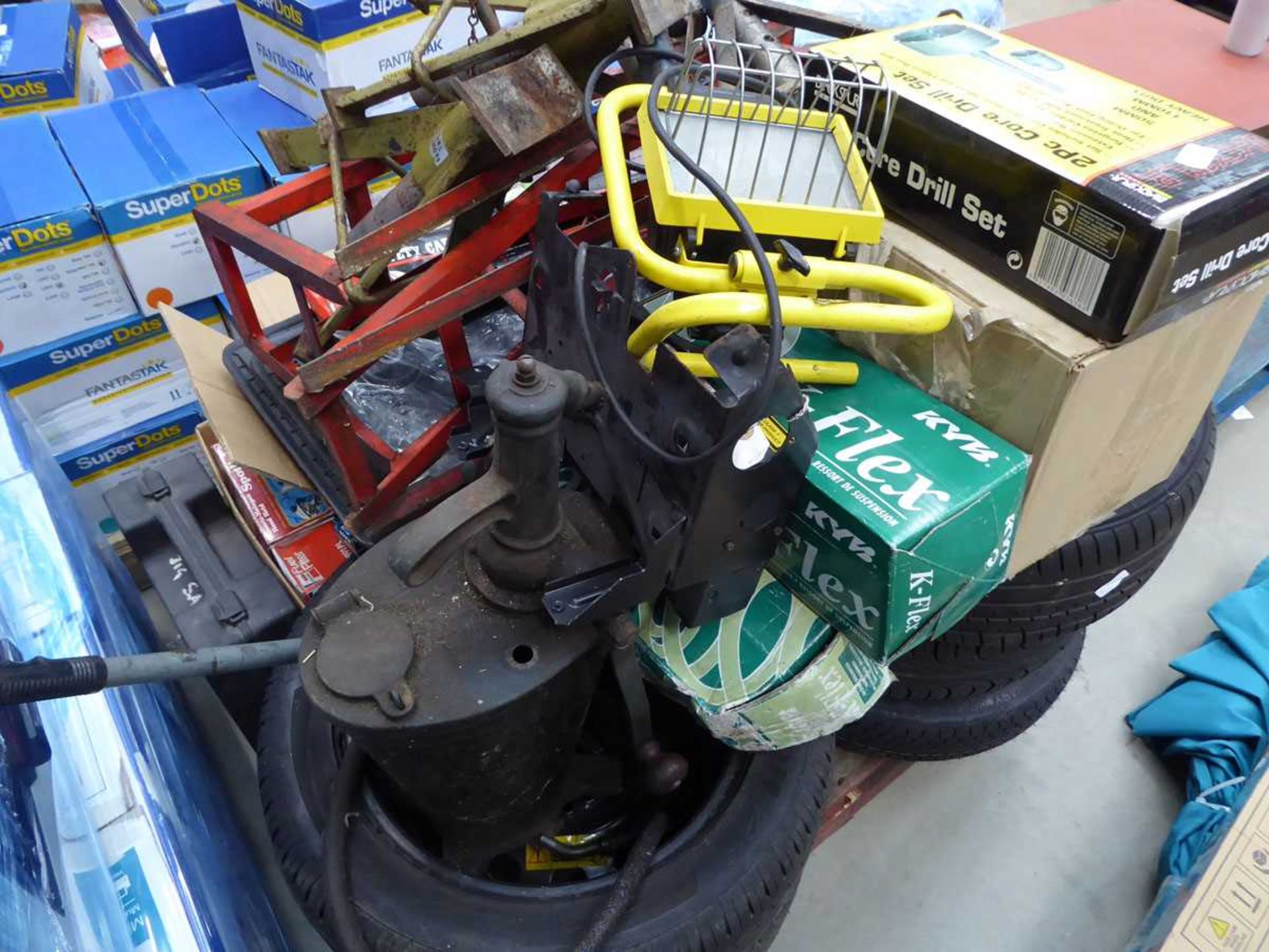 Pallet of assorted items including alloy wheel, tyres, trolley jack, axle stands, lights, etc - Image 2 of 2