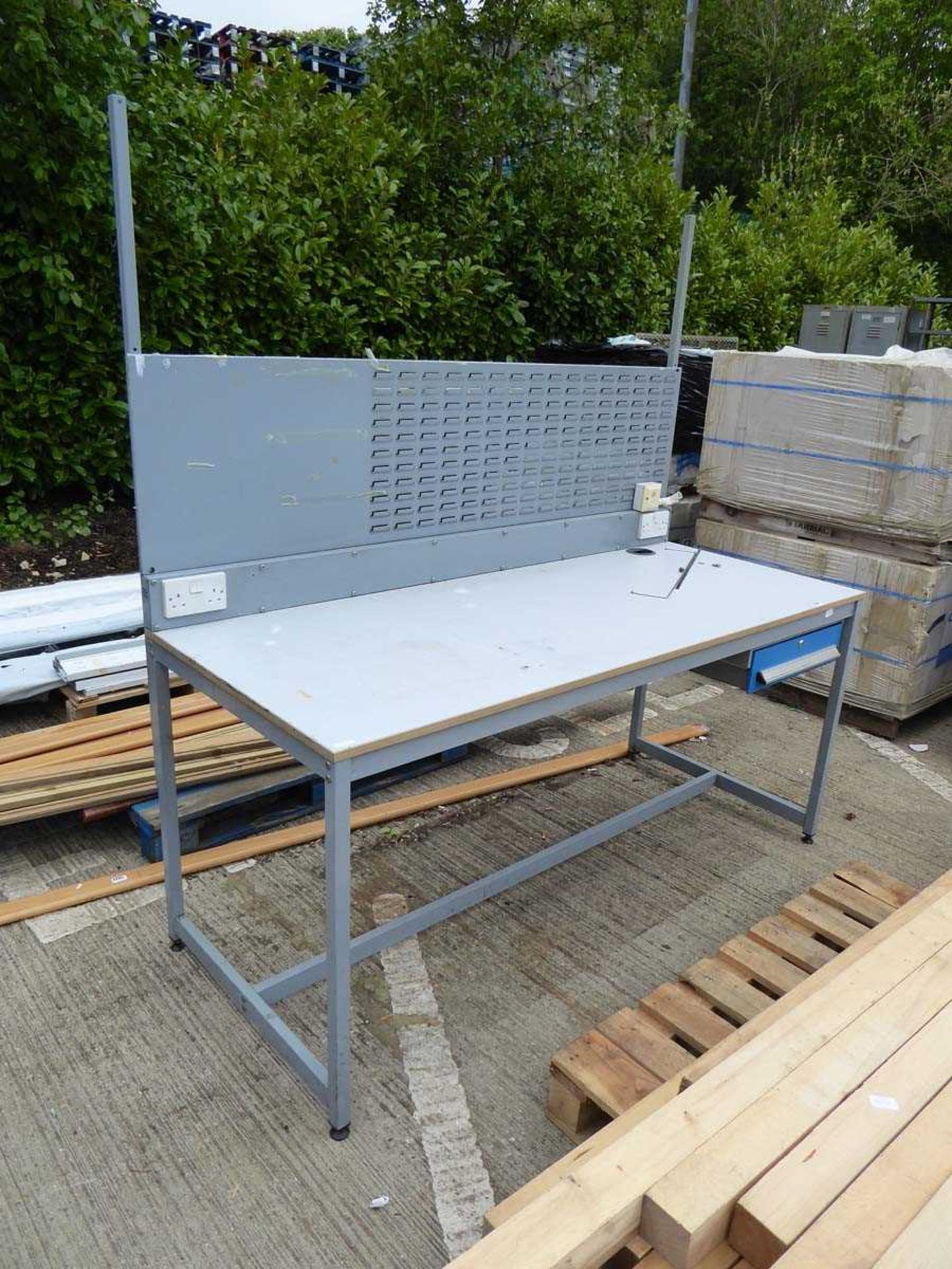 Large electrical style bench with lin bin rack, sockets and single drawer
