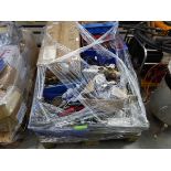 Pallet of assorted items including tools, extension cables, transformer, etc