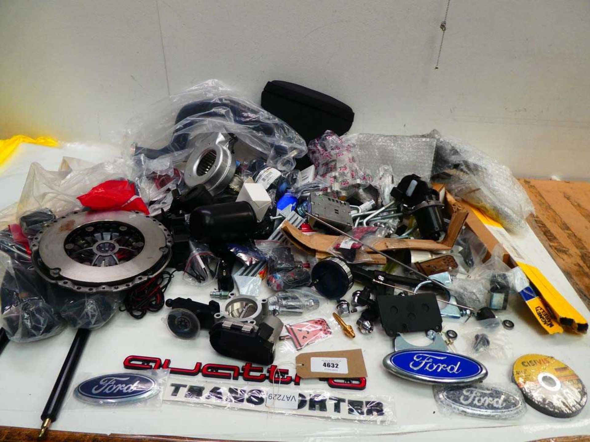 +VAT Box of various car parts to include throttle body valve, car badges, air fresheners, clutch