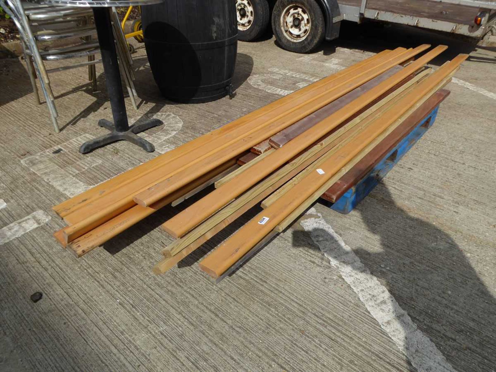Pallet of rounded edged timber furniture parts