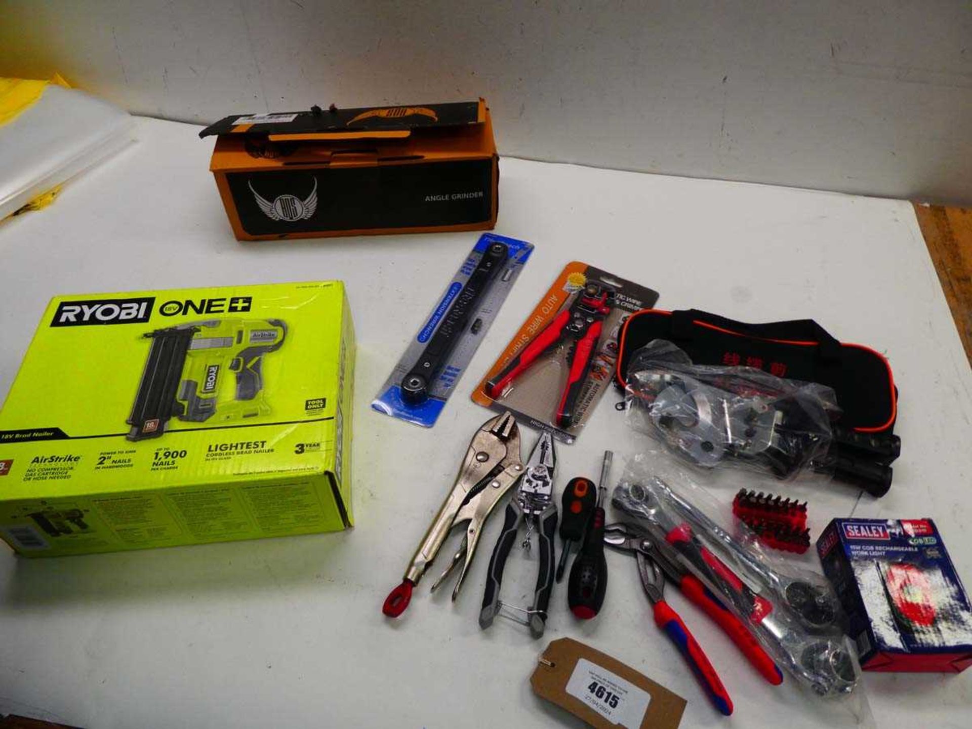 +VAT Various tools to include Ryobi 18V brad nailer, BOS angle grinder, Sealey work light, wrench,