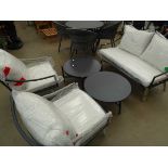 5 piece garden set consisting of two seater metal framed sofa, 2 metal framed chairs and 2 round