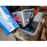 Box of assorted tools including Black+Decker steamer, tile cutter, electric plane, etc