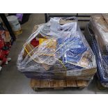 Pallet of assorted items including tile cutters, door locks, fans, transformer boxes, etc