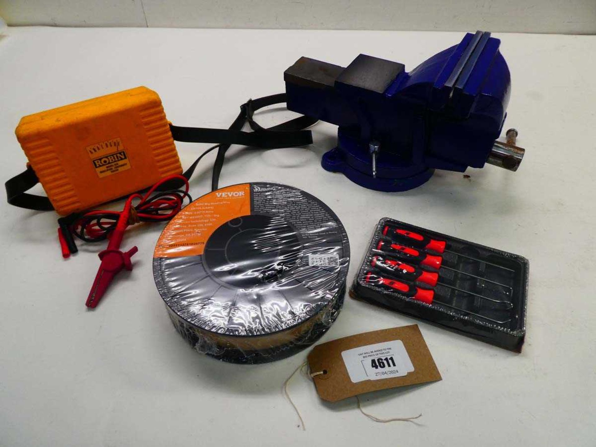 +VAT Benchtop vice, Robin insulation tester, Vevor solid mig welding wire plus a Snap-on 4pc mini