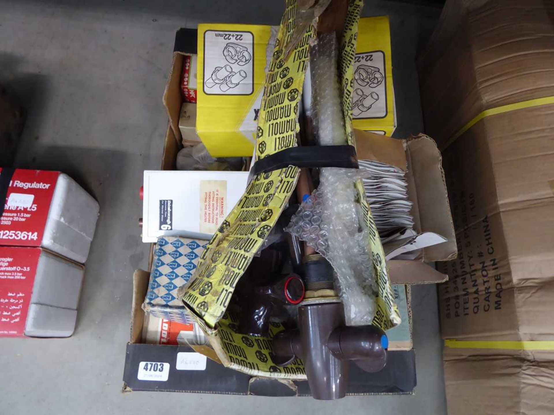 Box of assorted plumbing items inc. taps, small water heater, clips etc - Image 2 of 2