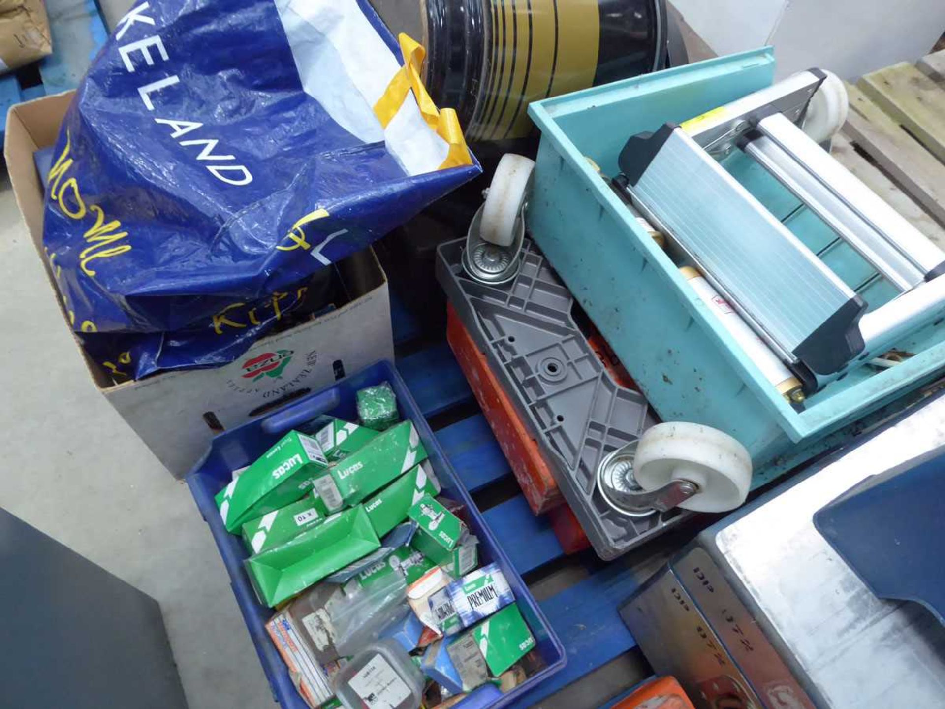 Pallet of assorted items including car bulbs, vacuum cleaner, small step, toolbox, large ammo box, - Image 2 of 2
