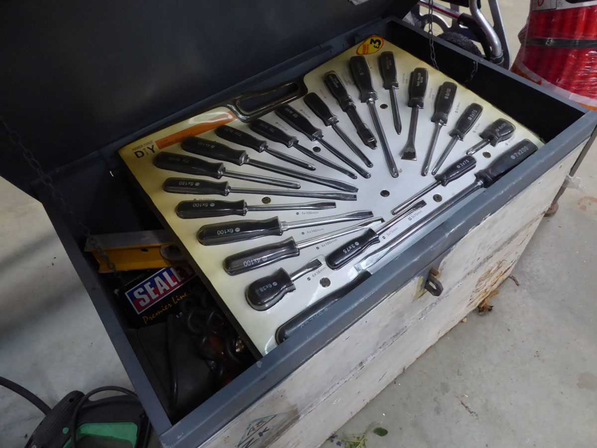 Large metal box containing various assorted tools including flashing light, screwdriver set and - Image 2 of 2