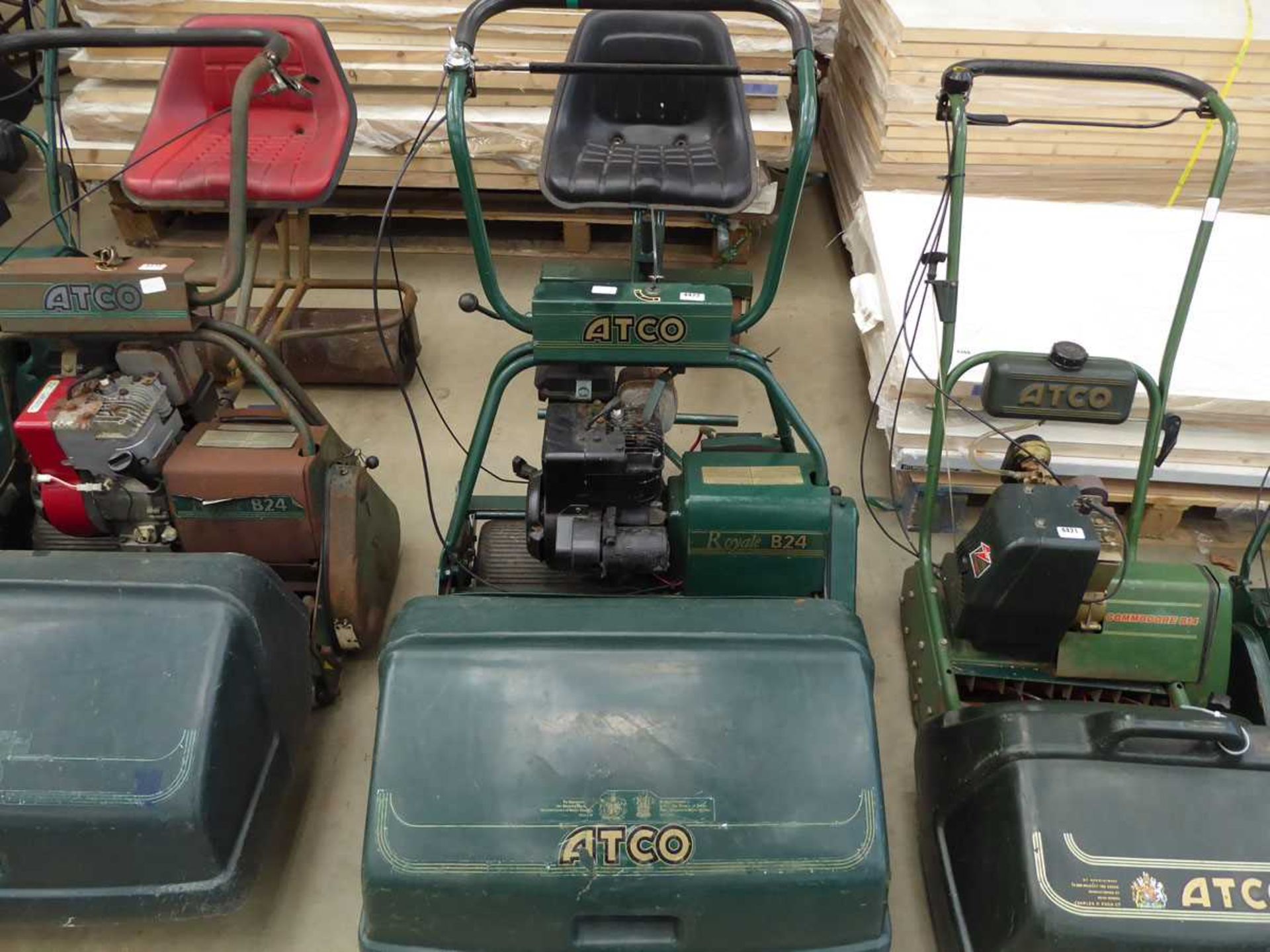 Atco Royal B24 petrol powered cylinder mower with rear roller and seat