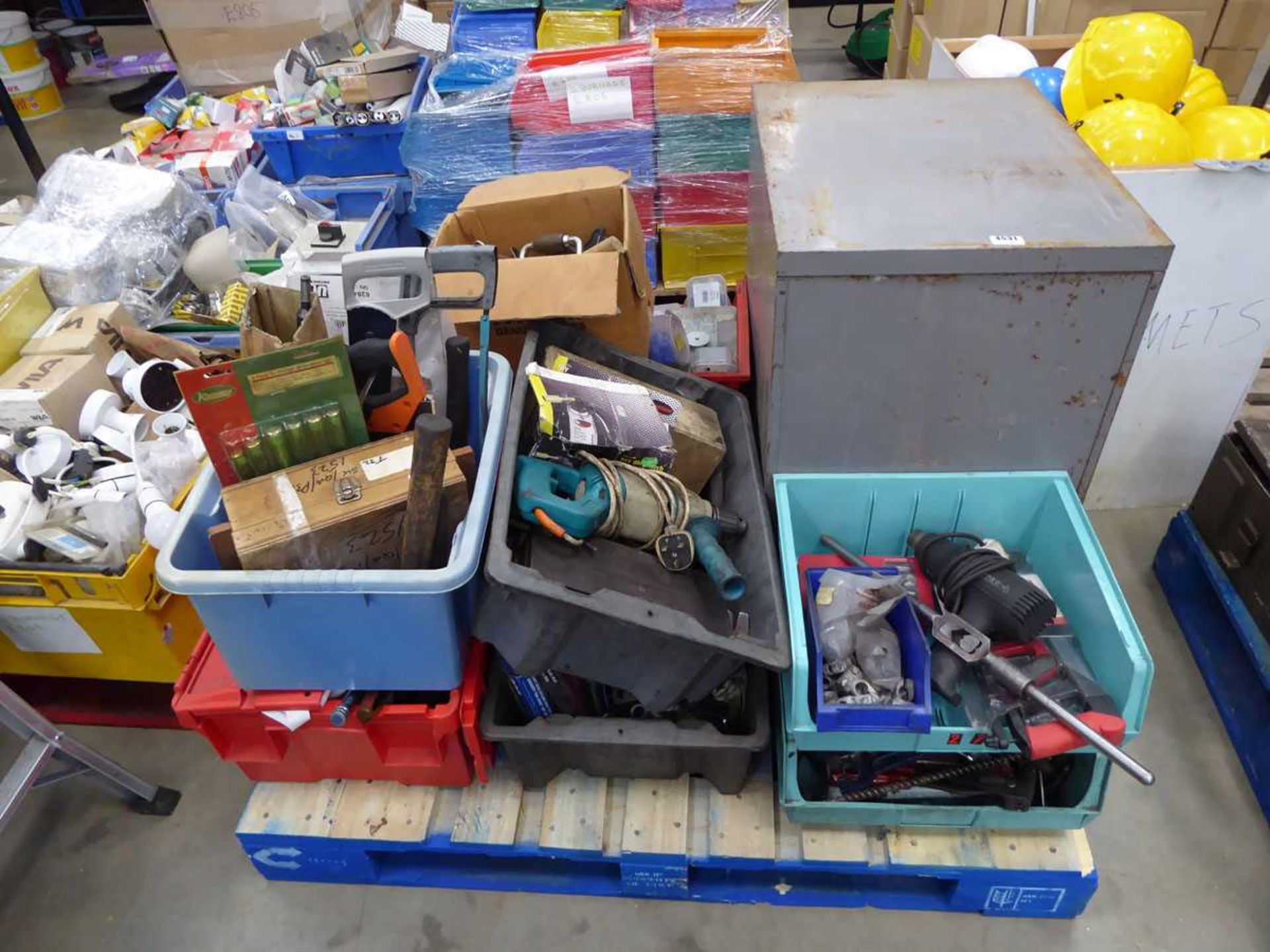 Pallet containing assorted tools, fixings, filing cabinet, etc