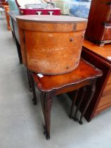 Wooden hat box plus a reproduction nest of three tables