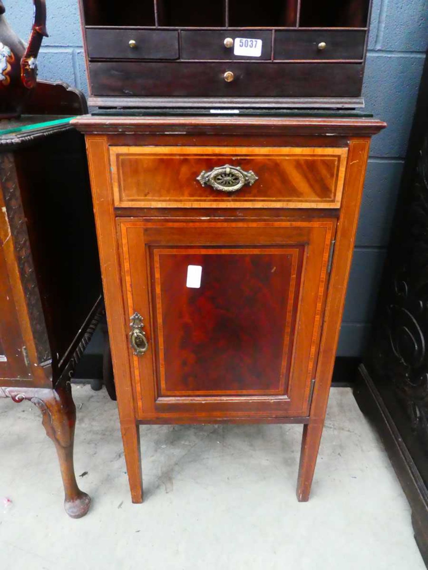 Edwardian single door pot cupboard with drawer over