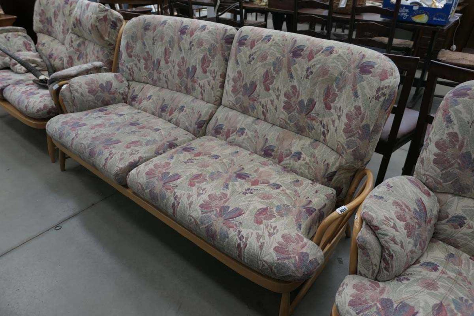 Ercol three seater stick back sofa plus a matching two seater and armchair - Image 2 of 3