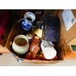 Box of pottery vases, blue and white china and household goods inc. cutlery and board games
