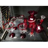 Quantity of cranberry glass inc. vases, oversize goblets and decanter