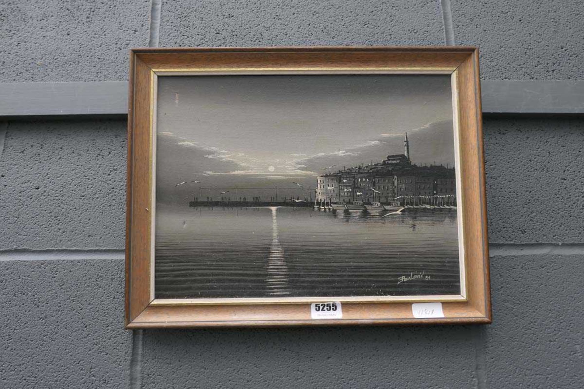 Oil on canvas - harbour with buildings in background - Image 2 of 2