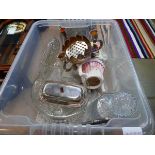 Box of silver plate inc, butter dish, vase with candle sconces, decanters, bon bon dish and a