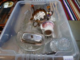 Box of silver plate inc, butter dish, vase with candle sconces, decanters, bon bon dish and a