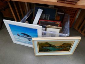 Box containing comical golfing prints, oil on canvas seascape, biplane plus rural prints