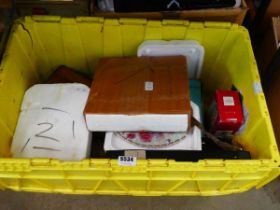 Box of collectors plates, shot gun stocks and ceramics