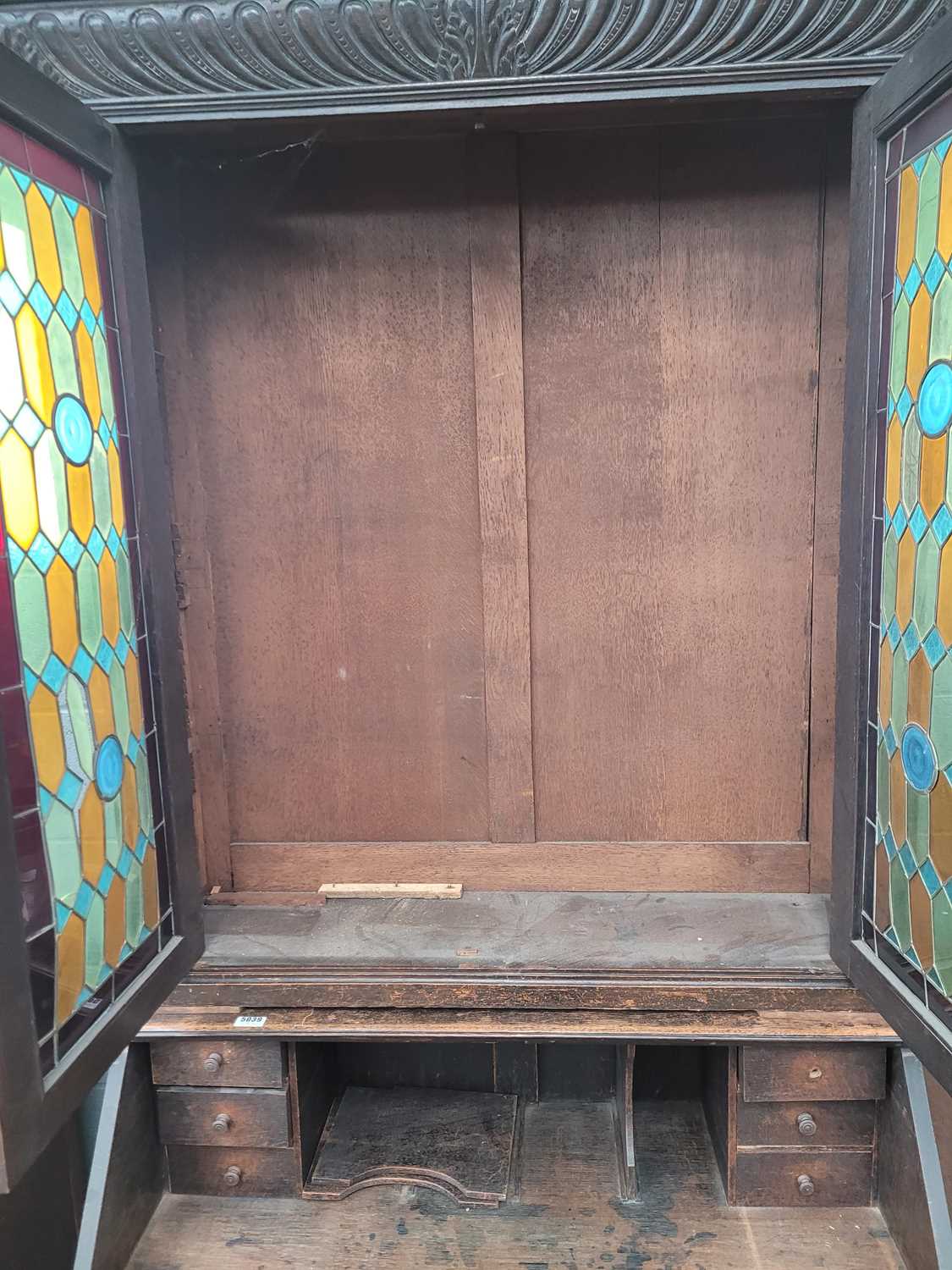 Heavily carved oak bureau bookcase with glazed and leaded door panels Approx. dimensions: depth 20 - Image 5 of 9