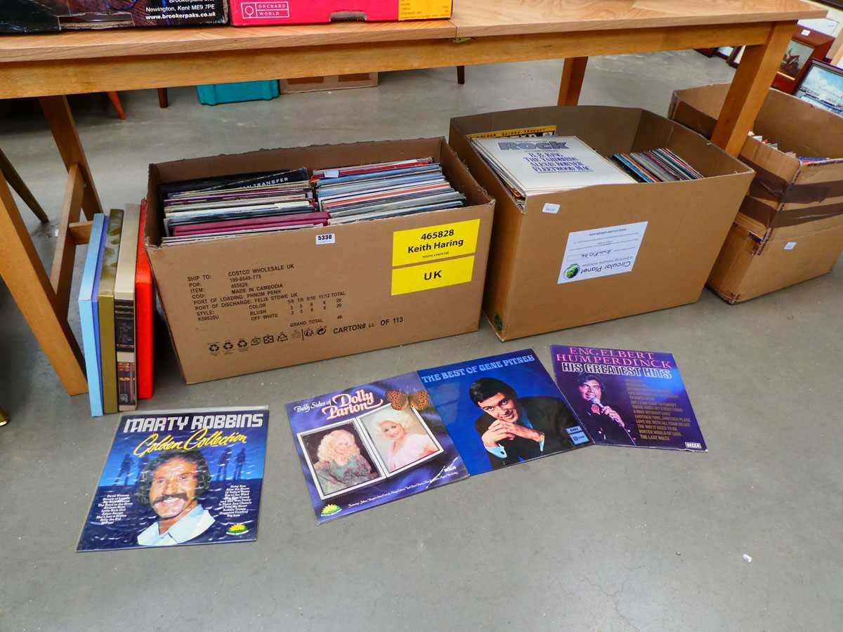 3 x boxes and a stack of vinyl records mainly rock, pop and easy listening
