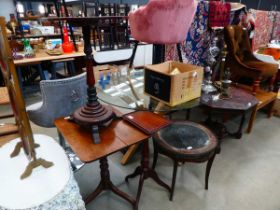 Octagonal side table plus 2 tripod tables and table with glazed insert