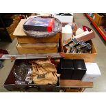 4 boxes and case containing glass dishes, camera, ornamental figures, table lighters, onyx goblets
