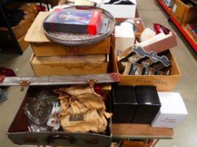 4 boxes and case containing glass dishes, camera, ornamental figures, table lighters, onyx goblets