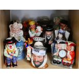 Approx. 14 small character jugs depicting clowns, jokers, tambourine player, Queen Victoria etc.