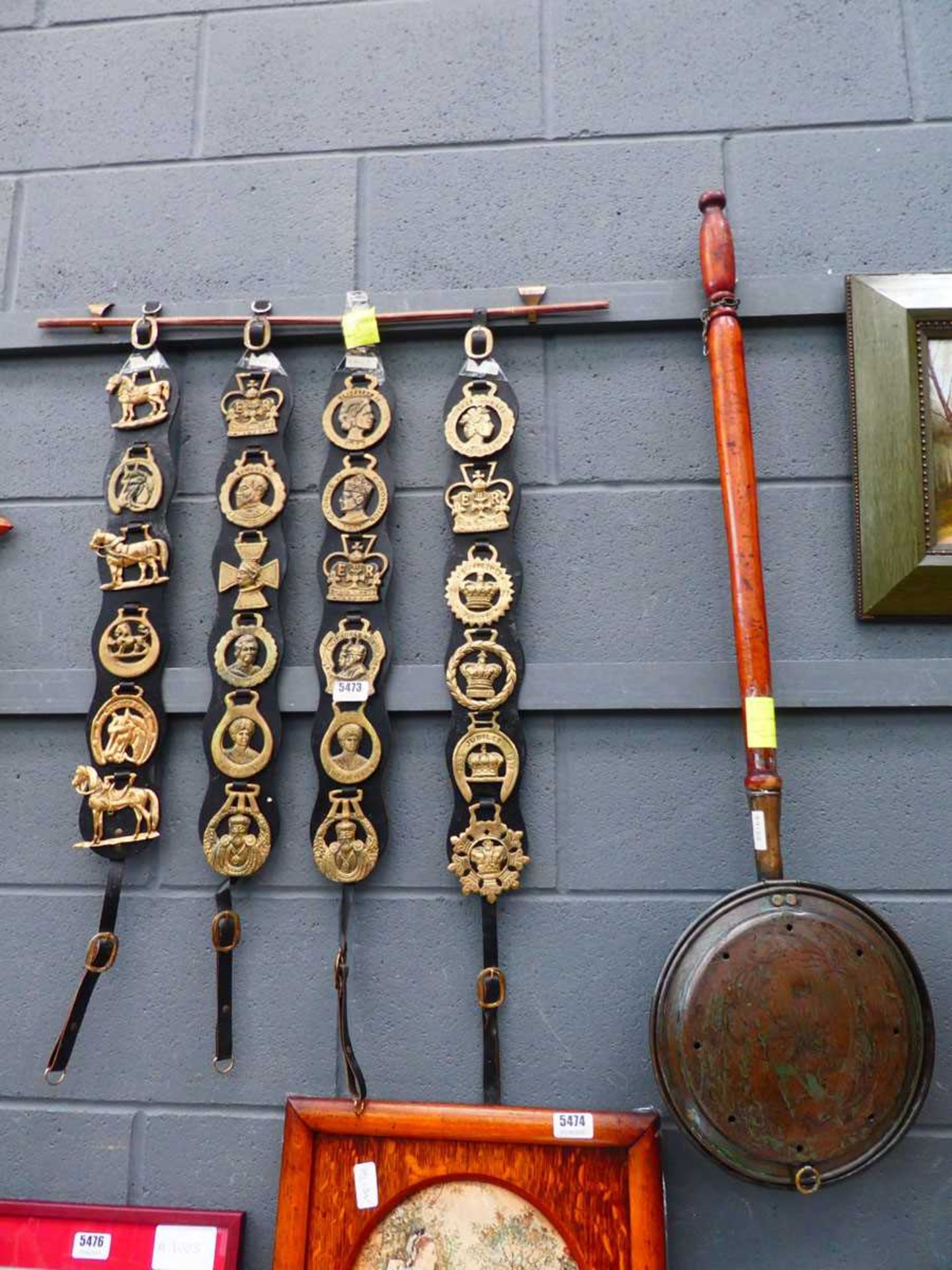 Warming pan, plus 4 martingales with brasses