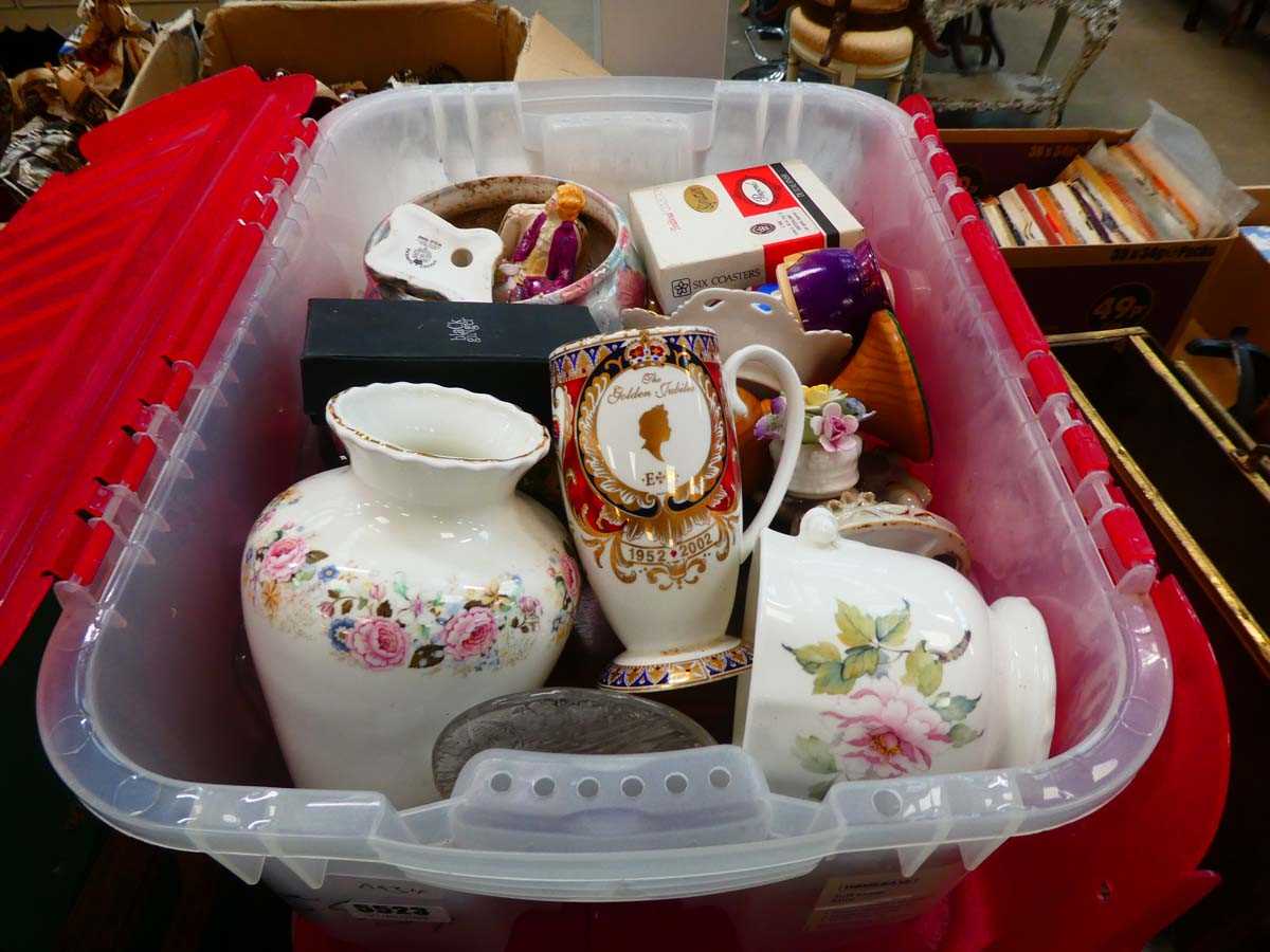 2 boxes of commemorative ware, Royal Worcester and other figures plus glassware and household goods