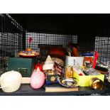 Cage containing brushes, thimbles, children's toys, photographs, petty cash box and dolls