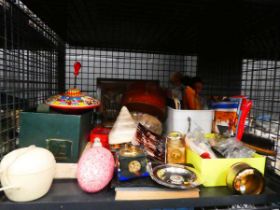 Cage containing brushes, thimbles, children's toys, photographs, petty cash box and dolls