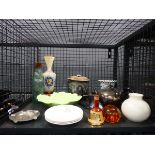 Cage containing silver plate to include teapot and lidded bowl plus Carlton Ware, ashtray, glass