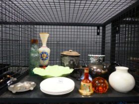 Cage containing silver plate to include teapot and lidded bowl plus Carlton Ware, ashtray, glass