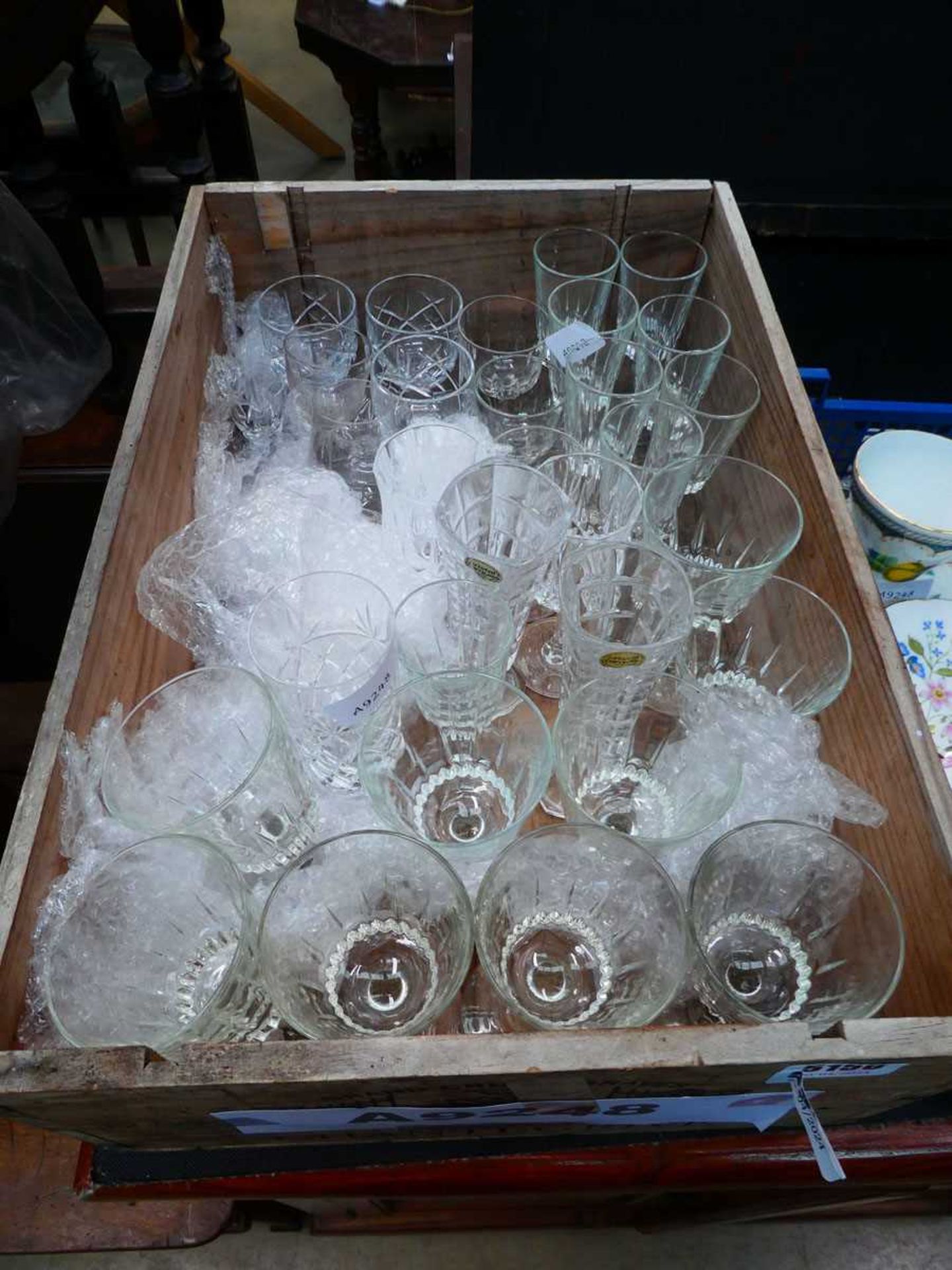 Quantity of crystal and other wine glasses and vases