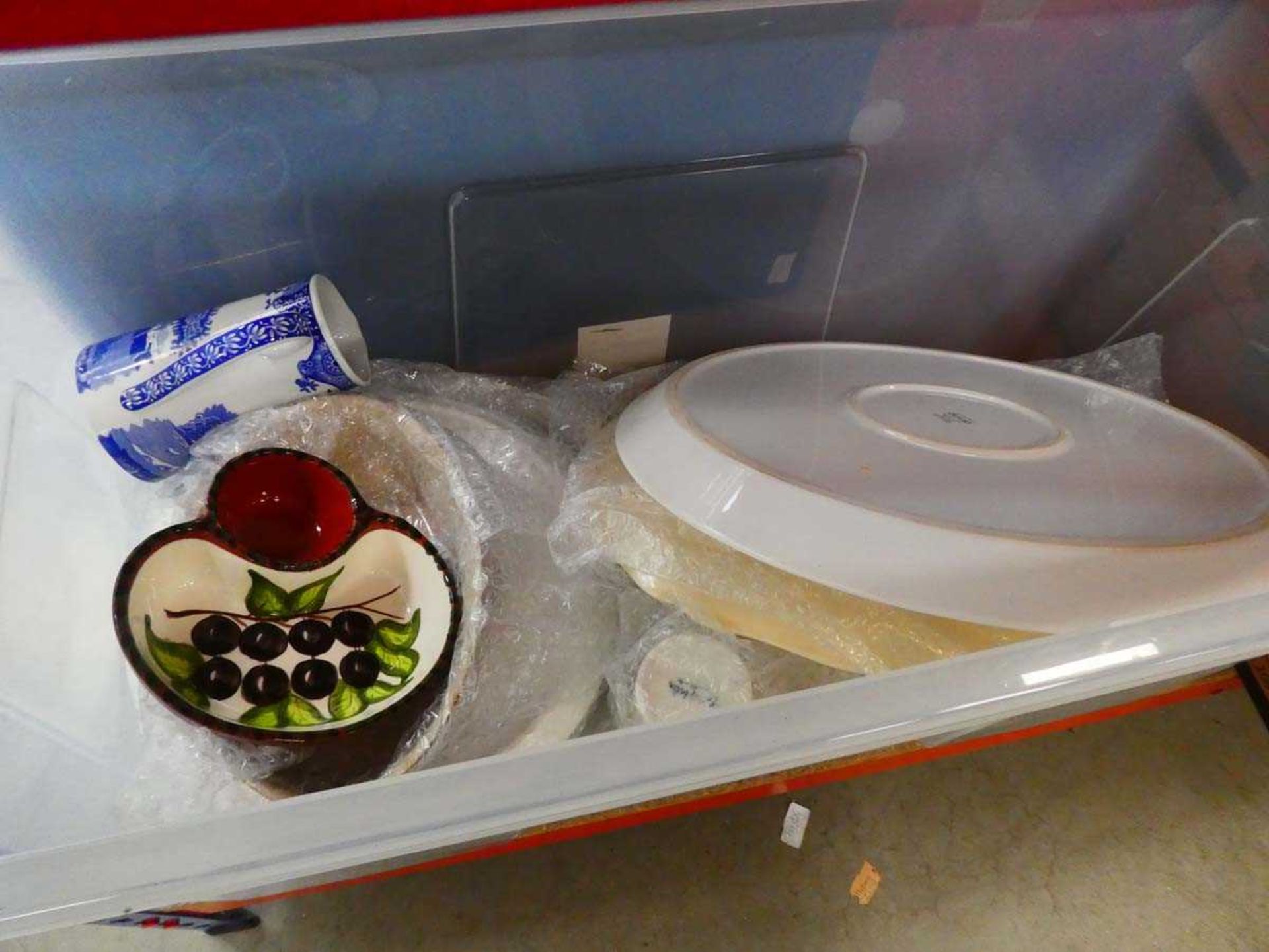 Box of Royal Doulton meat platter plus various dishes, blue and white jugs and crockery