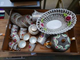 Box containing quantity of Limoge gilt floral patterned crockery, plus fruit basket and teapot